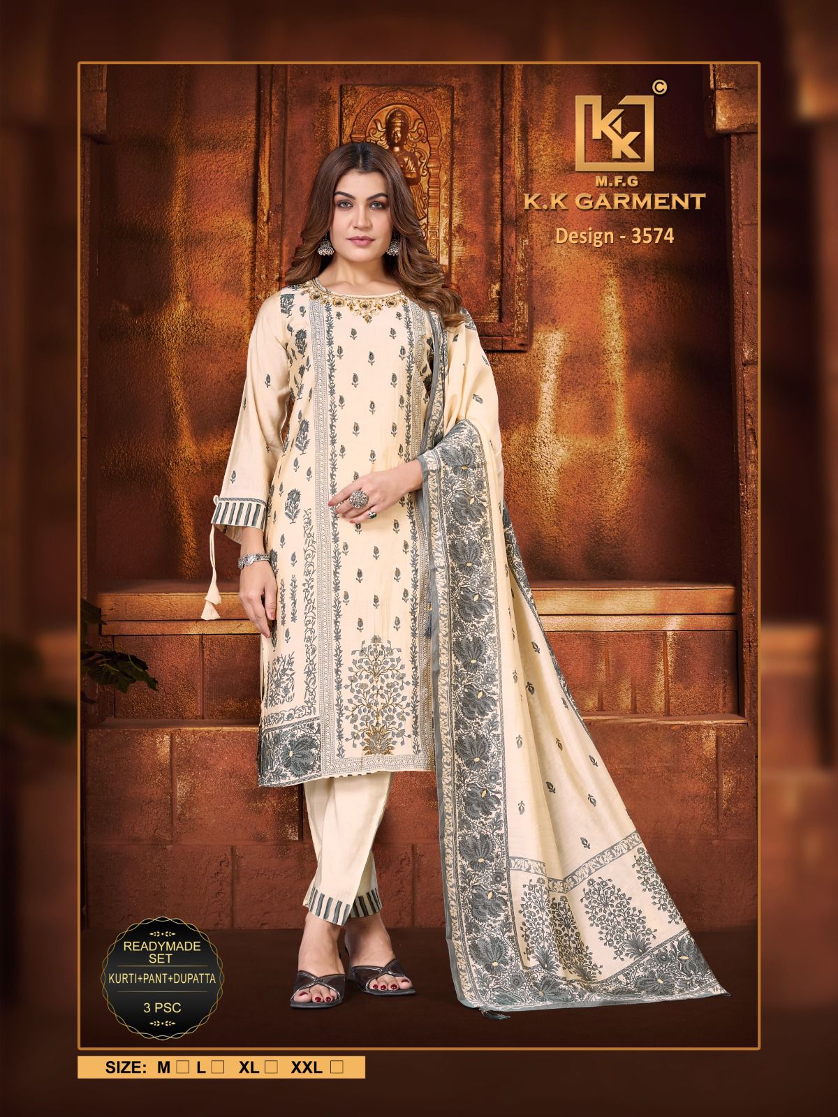 Elegant Cream & Grey 3-Piece Kurti Pant Set with Dupatta
