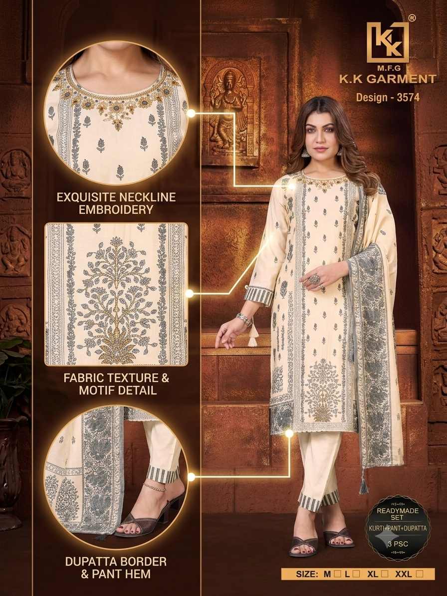 Elegant Cream & Grey 3-Piece Kurti Pant Set with Dupatta