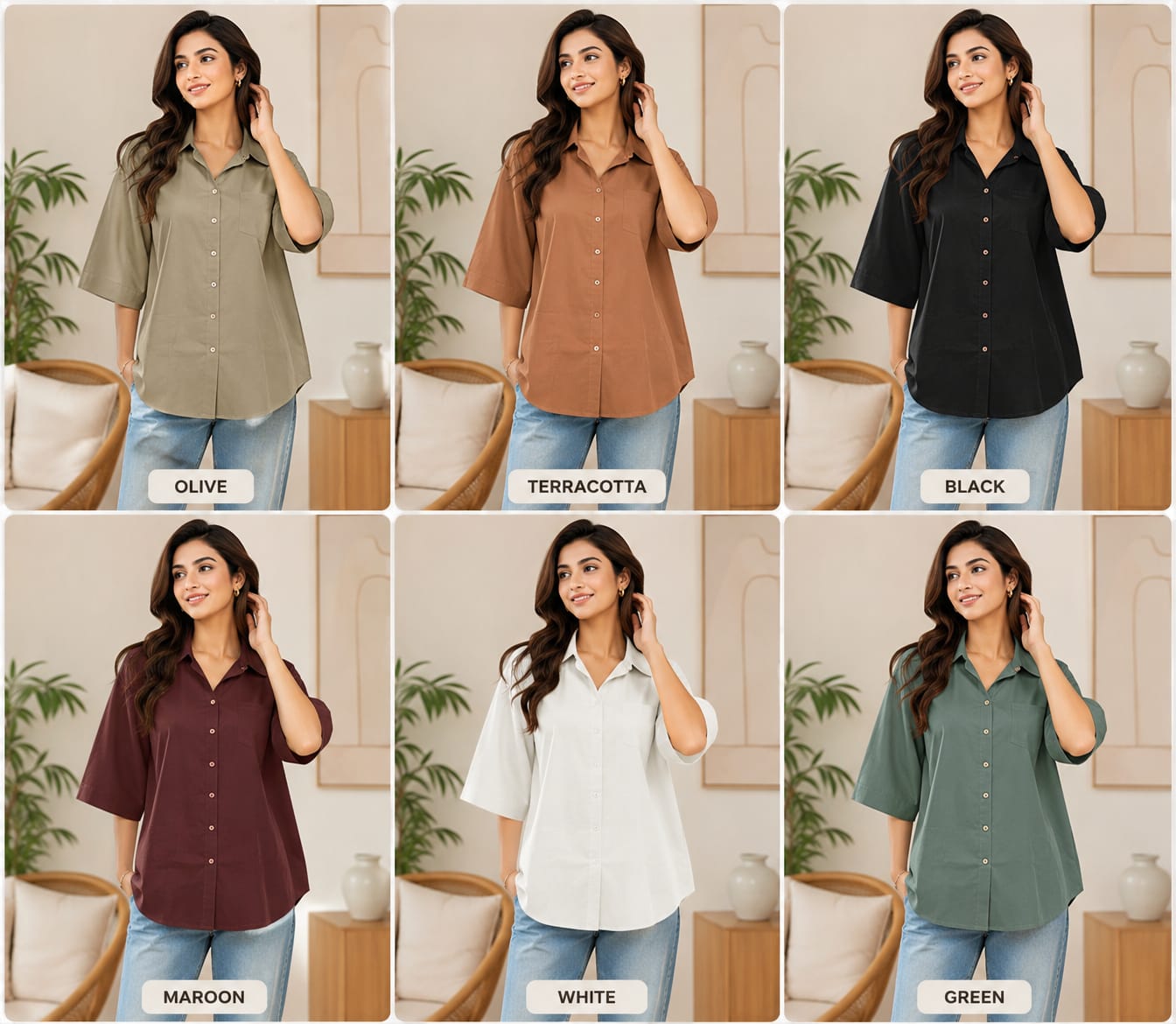 displays a catalog collage featuring a women's casual button-down shirt available in multiple color options.