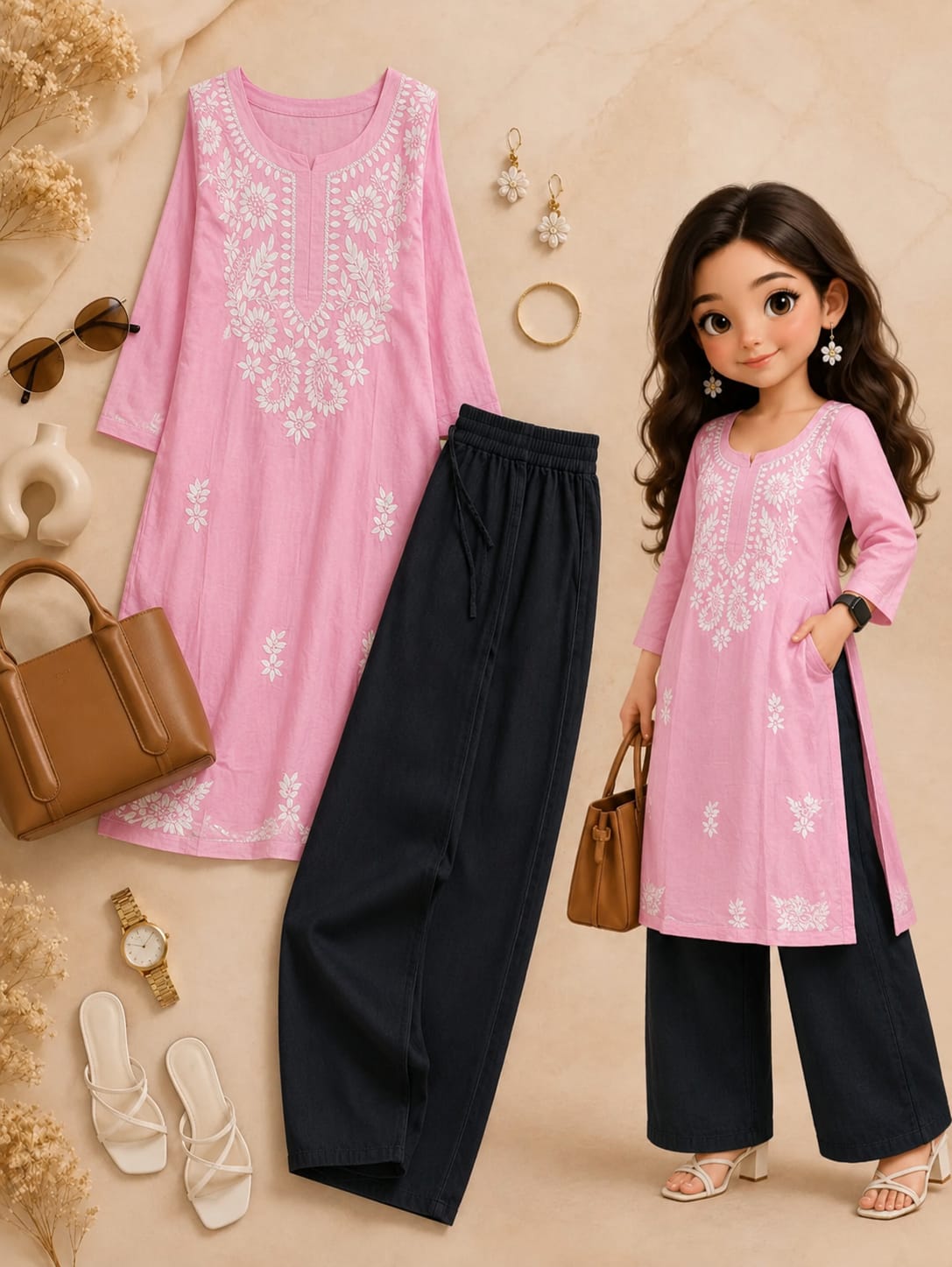 Pink Kurti with Black Palazzos Set