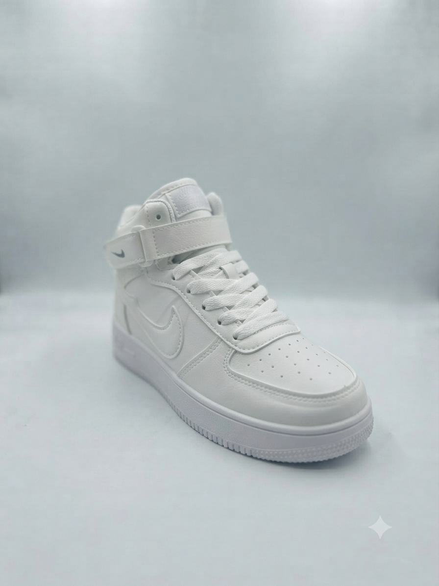 Premium All-White Mid-Top Streetwear Sneaker with Ankle Strap