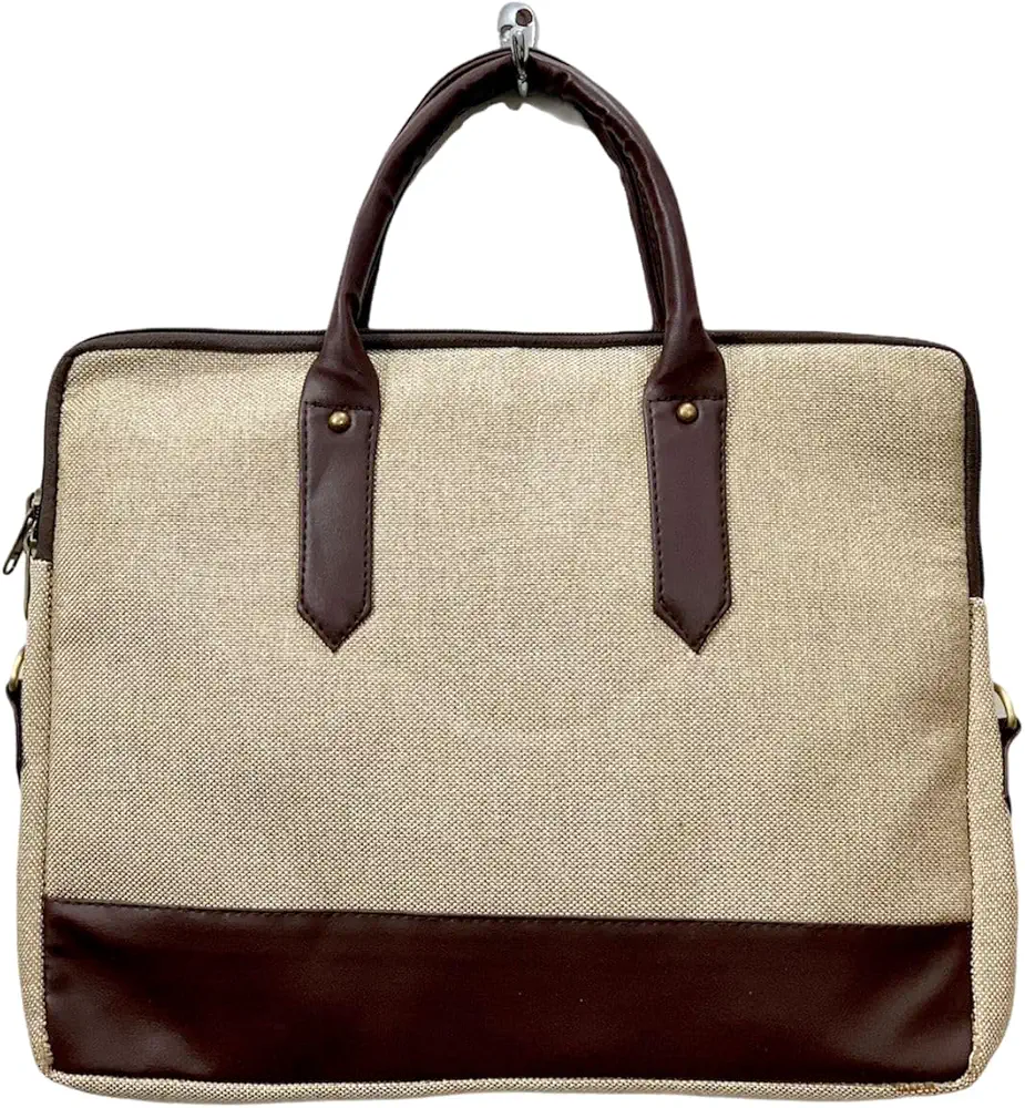 Dev's Handicrafts Stylish Jacko Jute Laptop Bag – Ethical PU Leather, Durable Jute, Unisex Design, Eco-Friendly, Suitable for All Occasions for Women and Men