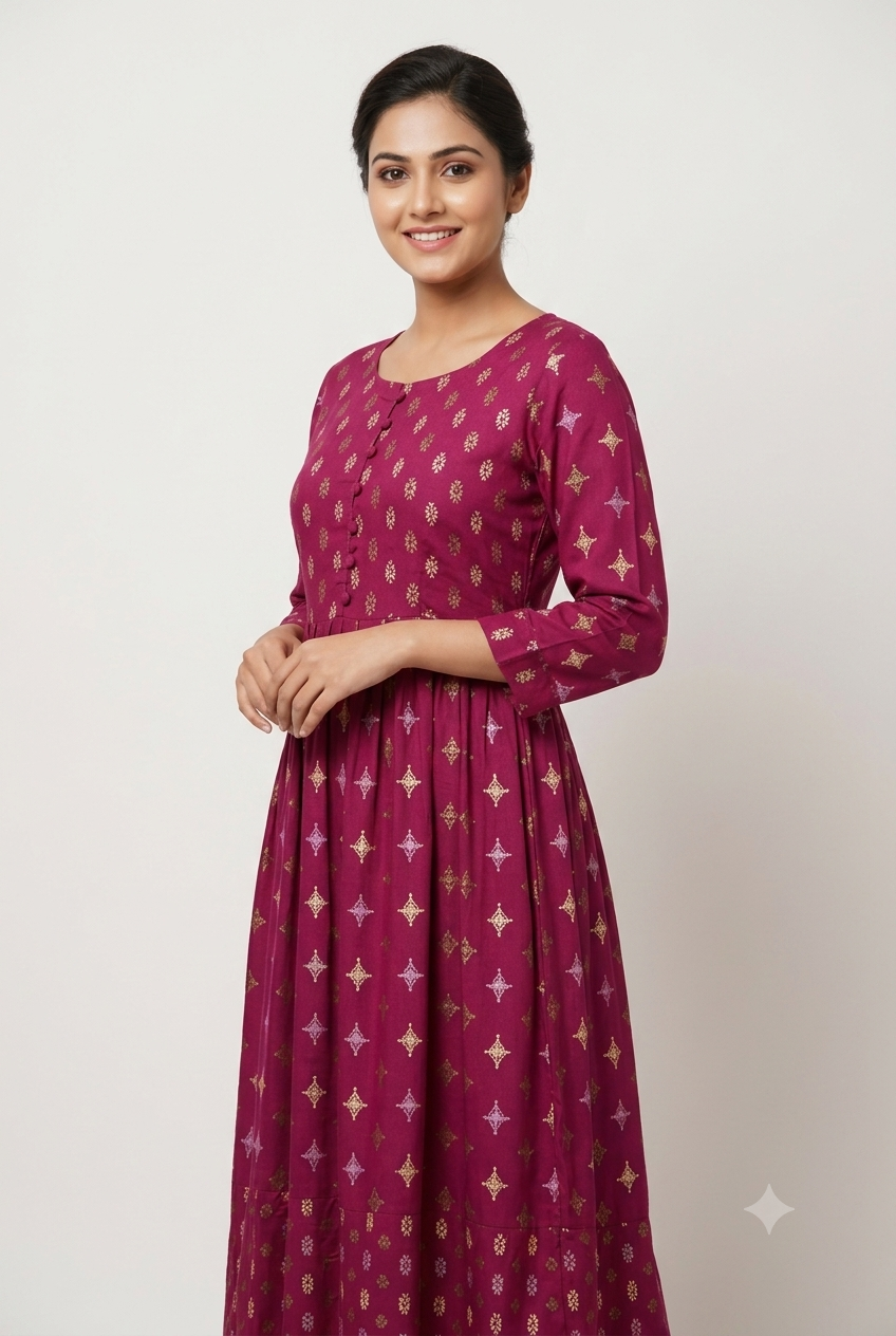 Magenta Gold-Print Ethnic Gown