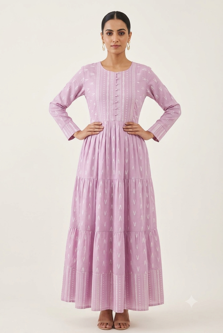 Mauve Ikat-Print Tiered Maxi Dress