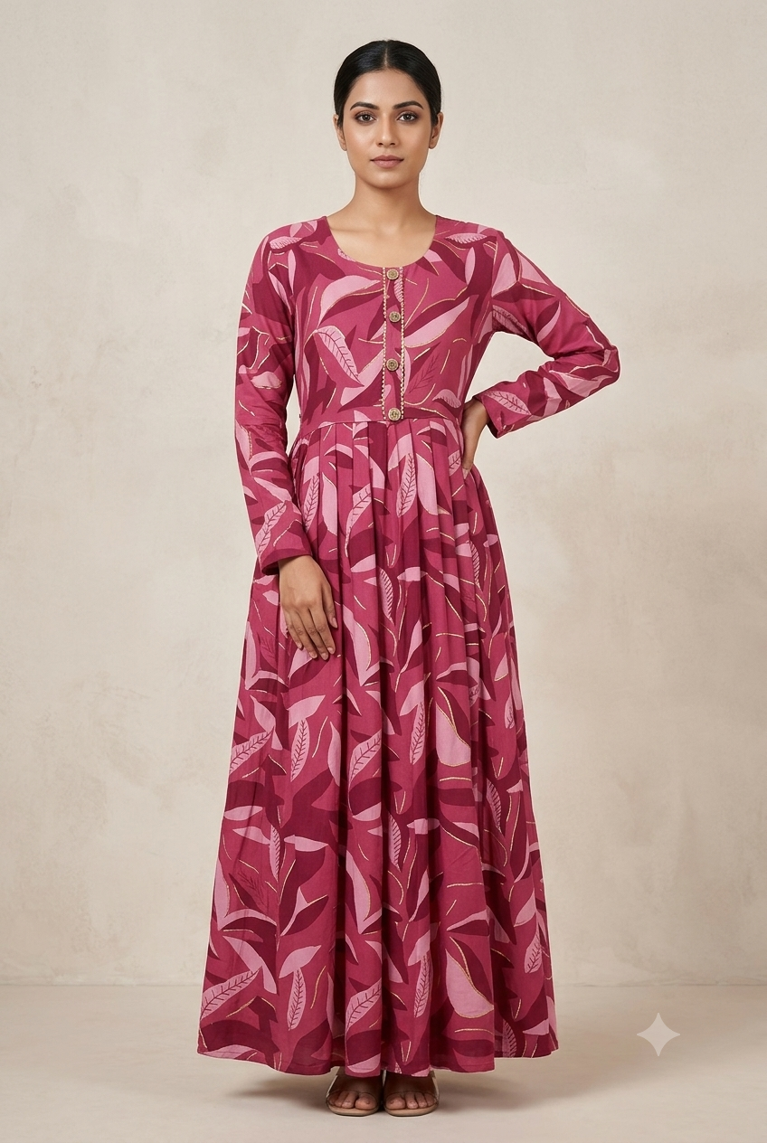 Berry-Tone Leaf Print Maxi Dress