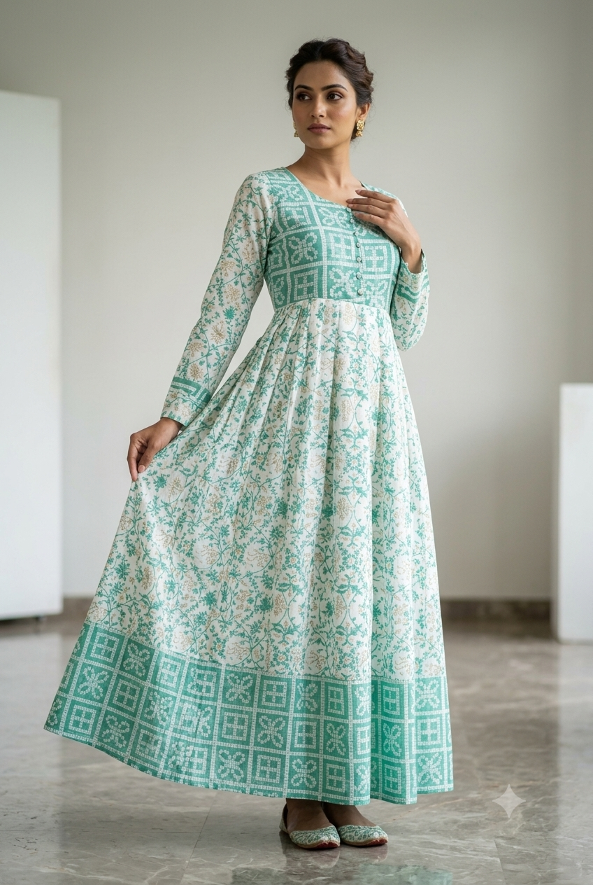 Seafoam Green Geometric & Floral Heritage kurti