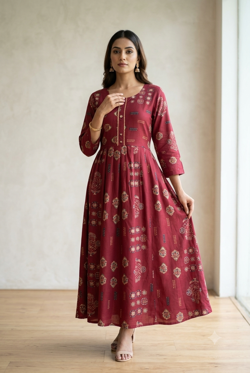 Maroon Geometric-Print Heritage Dress