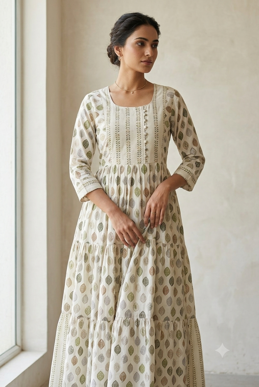 Ivory & Earth-Tone Leaf-Print Tiered kurti