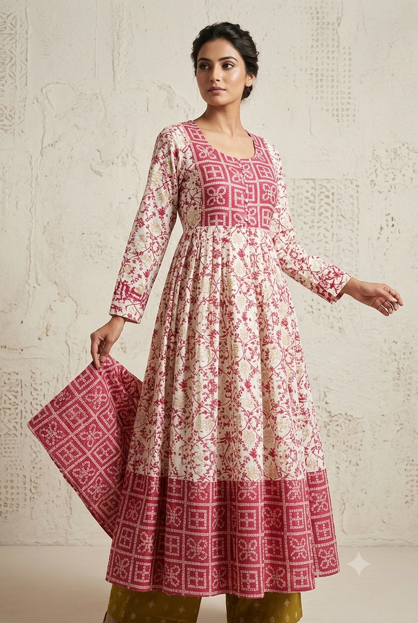 Pink & Cream Bandhani-Print Heritage Set