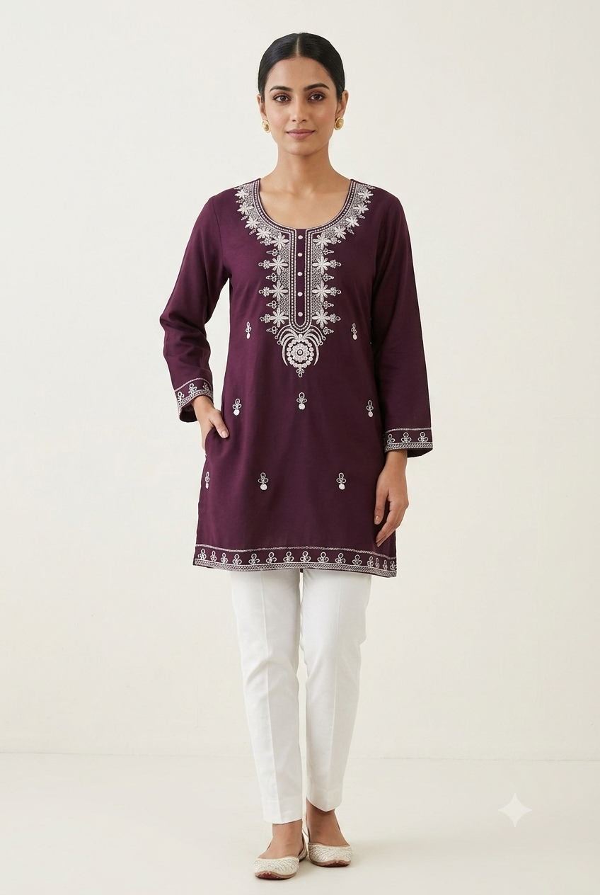 Deep Plum Embroidered Short Kurta Set