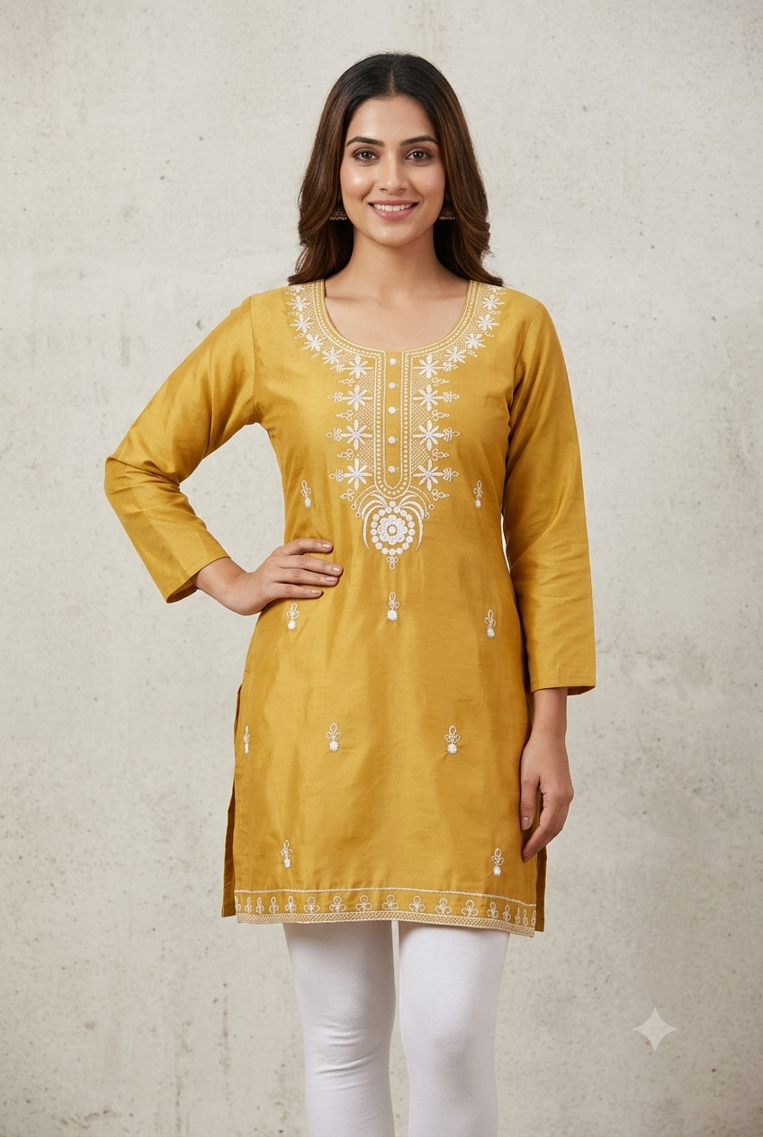 Mustard Yellow Embroidered Short Kurta Set
