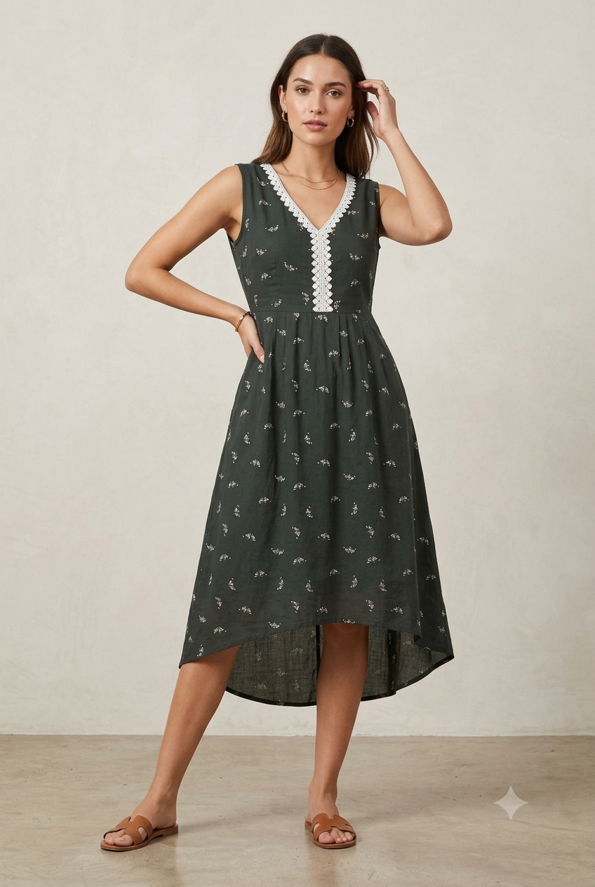 Dark Olive Floral-Print High-Low Dress