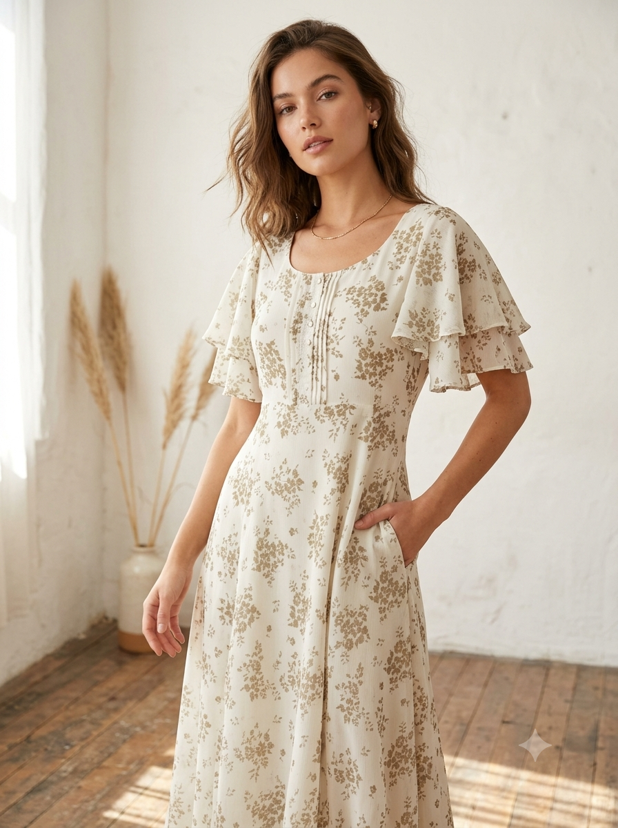 Cream & Taupe Floral Flutter-Sleeve Midi Dress