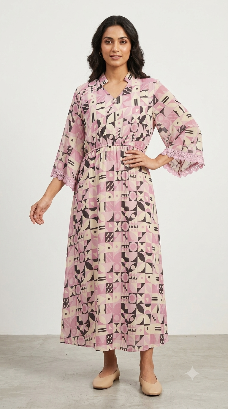 Pink & Geometric Heritage Midi Dress