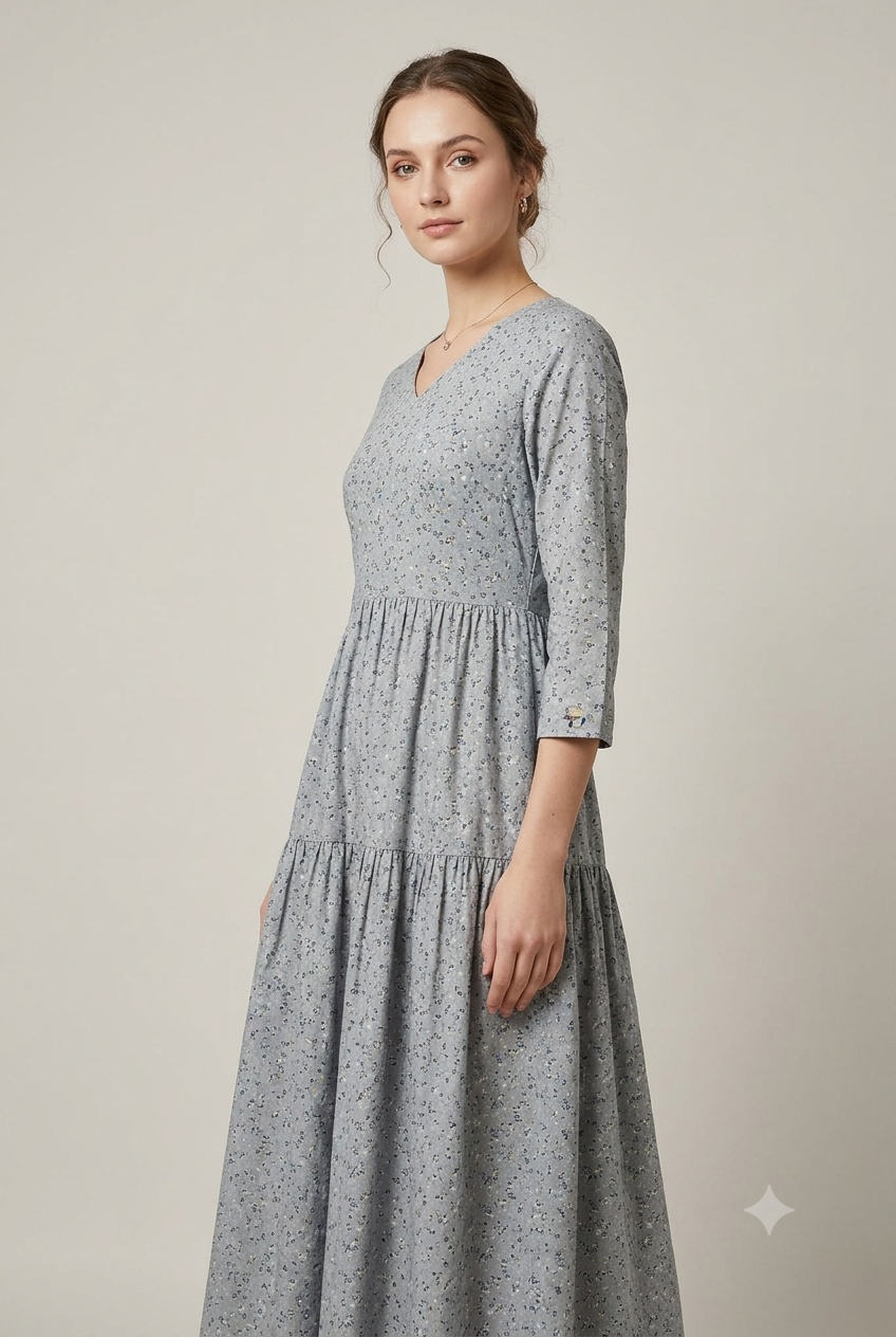 Soft Blue Floral Tiered Midi Dress