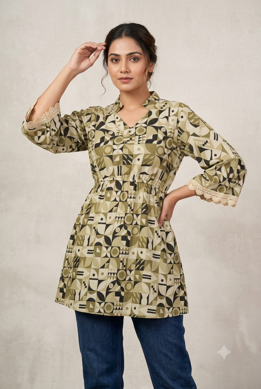 Olive & Black Geometric Short Top