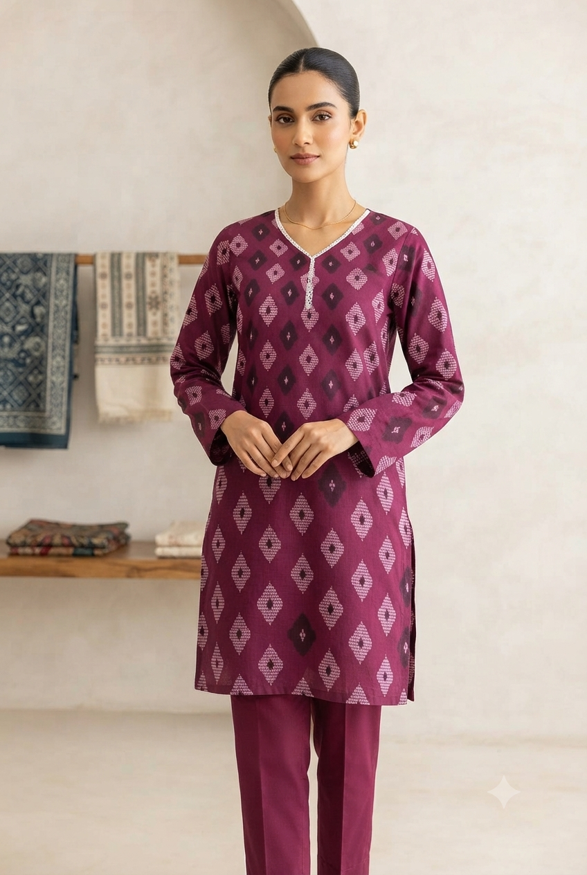 Plum Diamond-Print Short Kurti