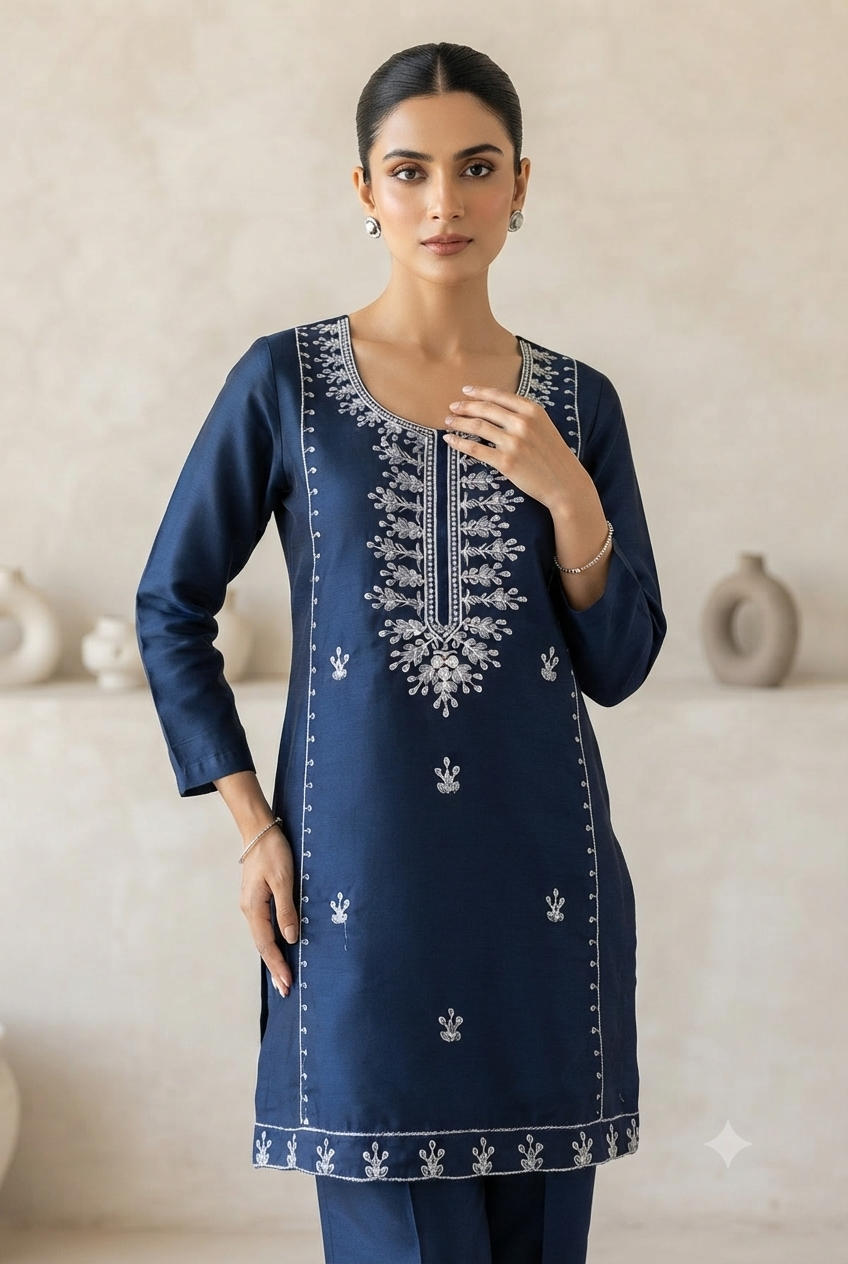 Navy Blue Embroidered Long Kurti
