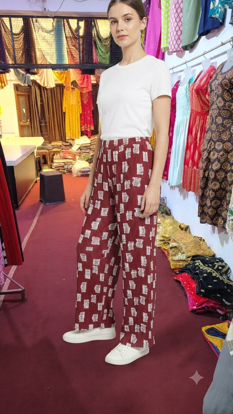 Maroon Geo-Textured Wide-Leg Palazzo Pants"