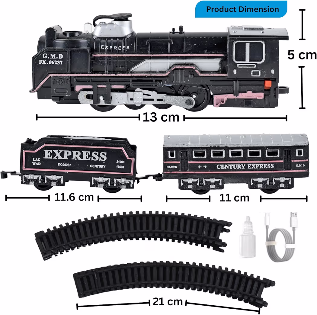 Rechargeable Train Toys for Kids | Classical Steam Engine Railway Set with Real Smoke, LED Lights & Sound | Passenger Coach, Cargo Wagon & Oil TankerWater-Based Smoke Effect: Simulates realistic cool steam by adding a small amount of water to the engine chimney.Vibrant LED Lighting: Comes equipped with a working front headlight and colorful indicators.Synchronized Audio: Built-in speakers produce authentic train engine chugging and horn sound effects.Rechargeable Battery: Powered by a single rechargeable battery pack and charges using a standard USB Type-C cable.