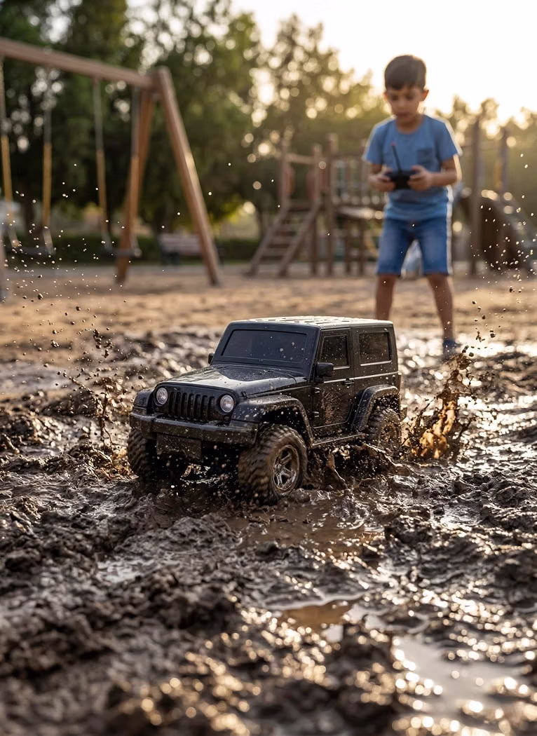 Remote Control 4x2 Off-Road Thar MUV – Ruggged All-Terrain Black Monster Truck with Rechargeable Battery, Music, and High-Speed Actionn