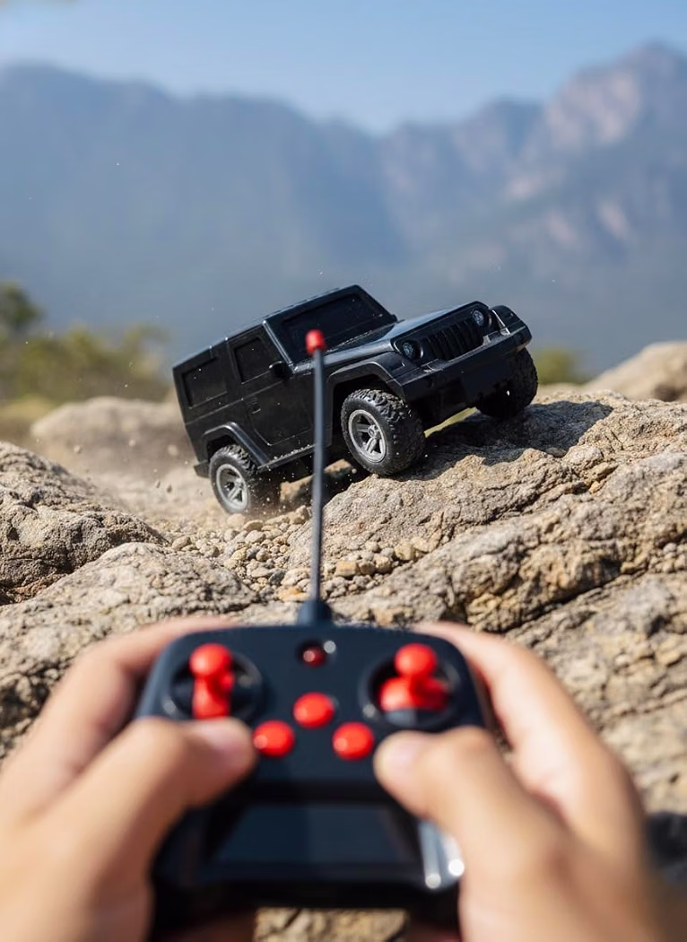 Remote Control 4x2 Off-Road Thar MUV – Ruggged All-Terrain Black Monster Truck with Rechargeable Battery, Music, and High-Speed Actionn