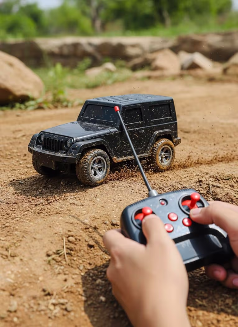 Remote Control 4x2 Off-Road Thar MUV – Ruggged All-Terrain Black Monster Truck with Rechargeable Battery, Music, and High-Speed Actionn