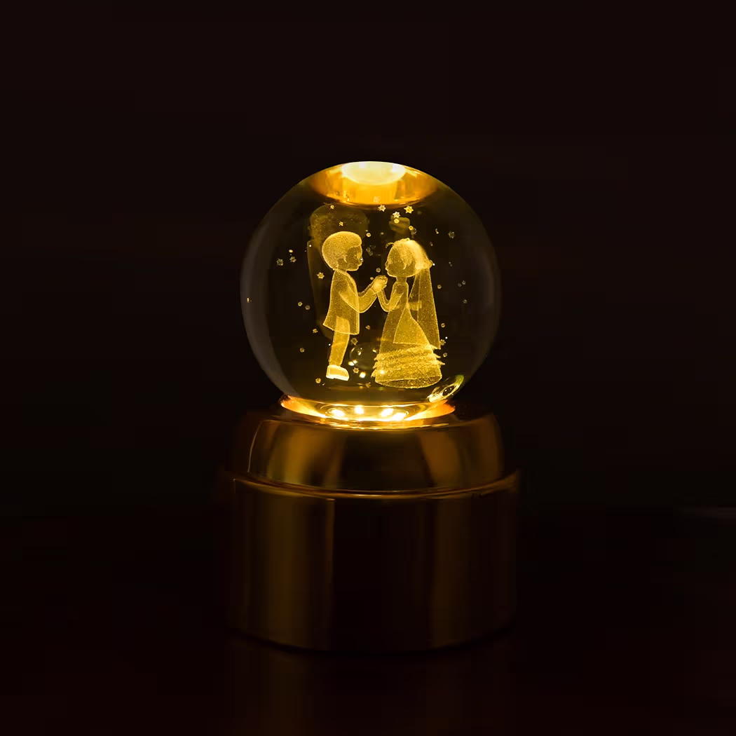NYRWANA 3D Rotating Crystal Ball Night Light with Golden Base | USB Powered Night Lamp for Home Décor | Present Gifts for Birthday, Anniversary, Wedding, Valentine, Girlfriend (Wedding) 