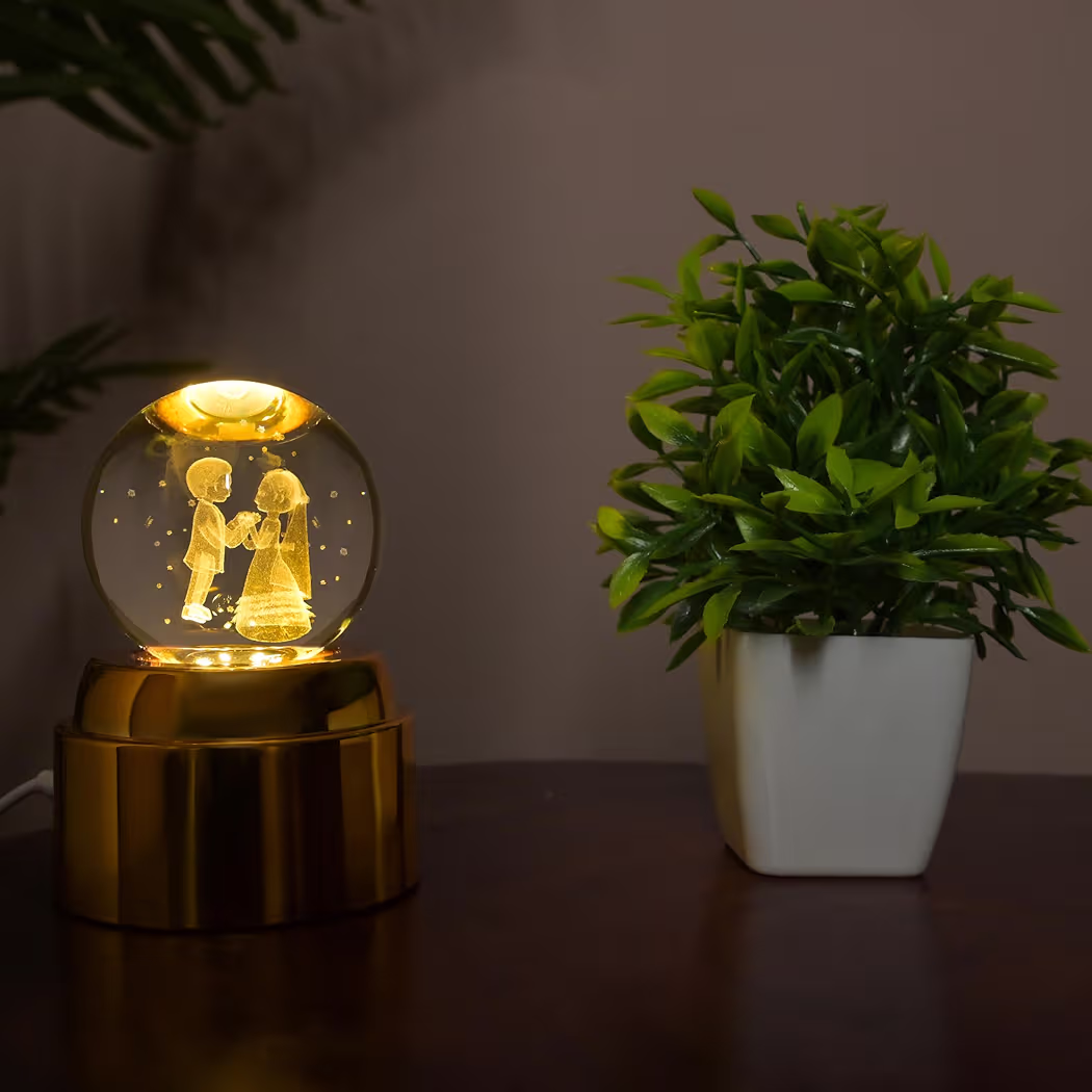 NYRWANA 3D Rotating Crystal Ball Night Light with Golden Base | USB Powered Night Lamp for Home Décor | Present Gifts for Birthday, Anniversary, Wedding, Valentine, Girlfriend (Wedding) 