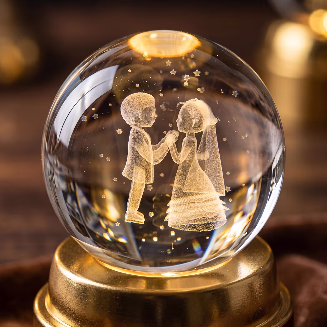 NYRWANA 3D Rotating Crystal Ball Night Light with Golden Base | USB Powered Night Lamp for Home Décor | Present Gifts for Birthday, Anniversary, Wedding, Valentine, Girlfriend (Wedding) 