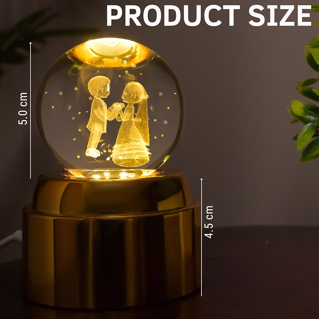 NYRWANA 3D Rotating Crystal Ball Night Light with Golden Base | USB Powered Night Lamp for Home Décor | Present Gifts for Birthday, Anniversary, Wedding, Valentine, Girlfriend (Wedding) 