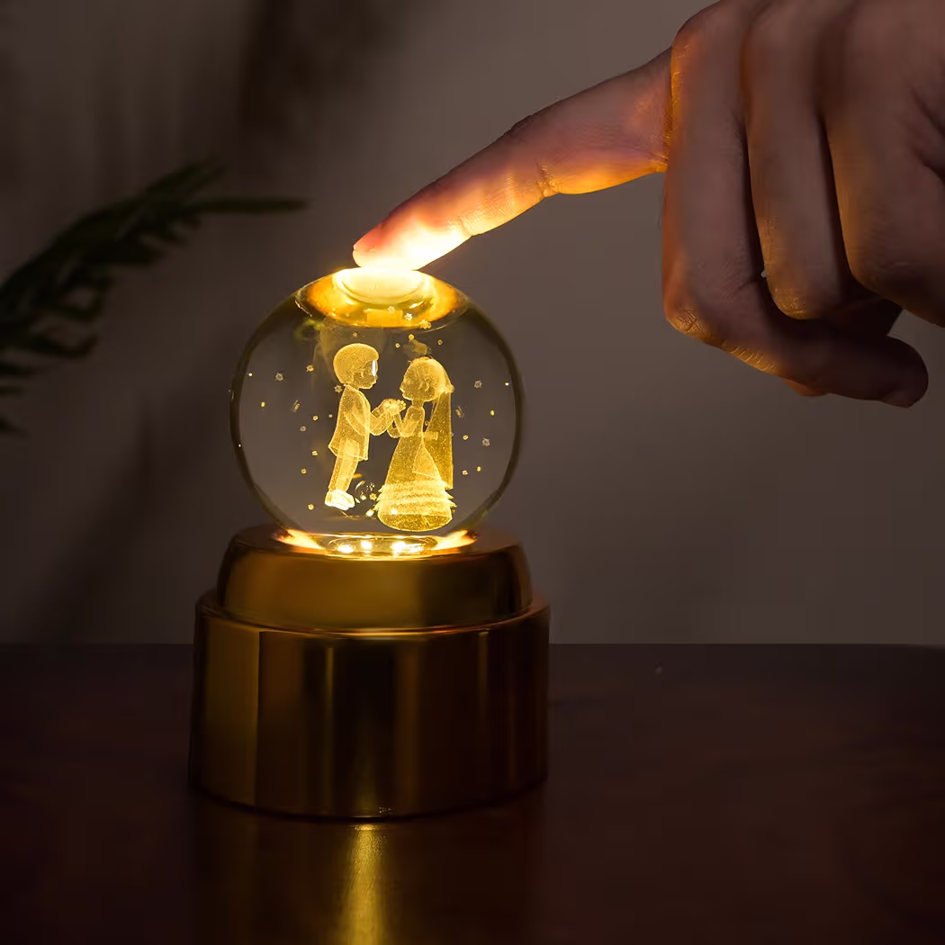 NYRWANA 3D Rotating Crystal Ball Night Light with Golden Base | USB Powered Night Lamp for Home Décor | Present Gifts for Birthday, Anniversary, Wedding, Valentine, Girlfriend (Wedding) 