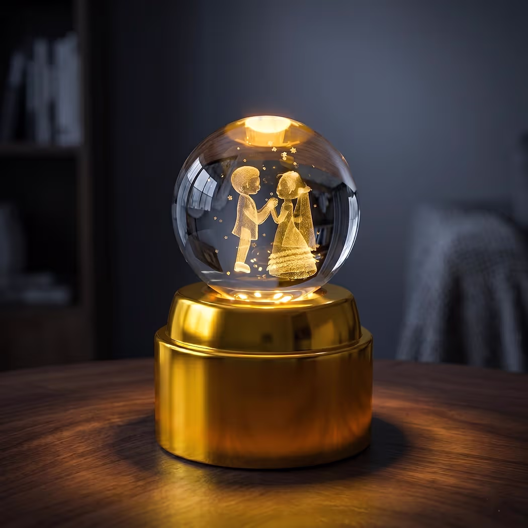 NYRWANA 3D Rotating Crystal Ball Night Light with Golden Base | USB Powered Night Lamp for Home Décor | Present Gifts for Birthday, Anniversary, Wedding, Valentine, Girlfriend (Wedding) 