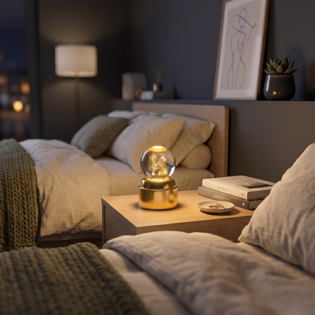 NYRWANA 3D Rotating Crystal Ball Night Light with Golden Base | USB Powered Night Lamp for Home Décor | Present Gifts for Birthday, Anniversary, Wedding, Valentine, Girlfriend (Wedding) 