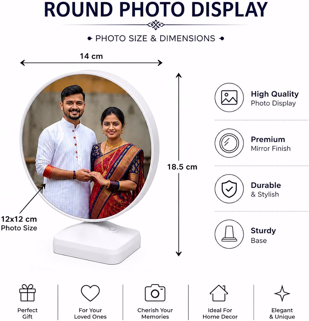 Kalasagar Gifts | Personalized Customized Magic Mirror Round Shape LED Photo Frame | Custom Name & Photo Gift for Couple, Friends | Anniversary, Birthday, Valentine, Wedding | Tabletop (Small, Round)