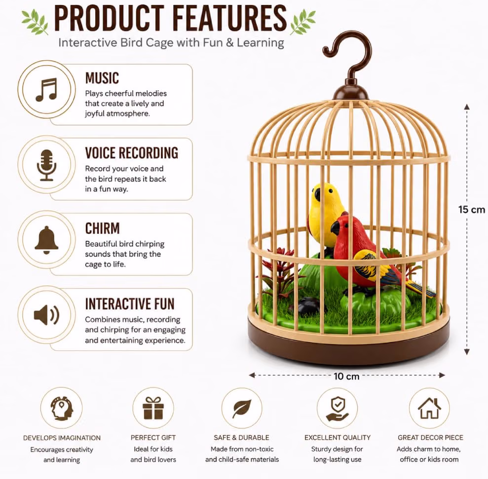ALVERO Interactive Singing Bird Cage Toy with Voice Recording, Chirping Sounds & Music, Kids, Home & Car Decorative Gift