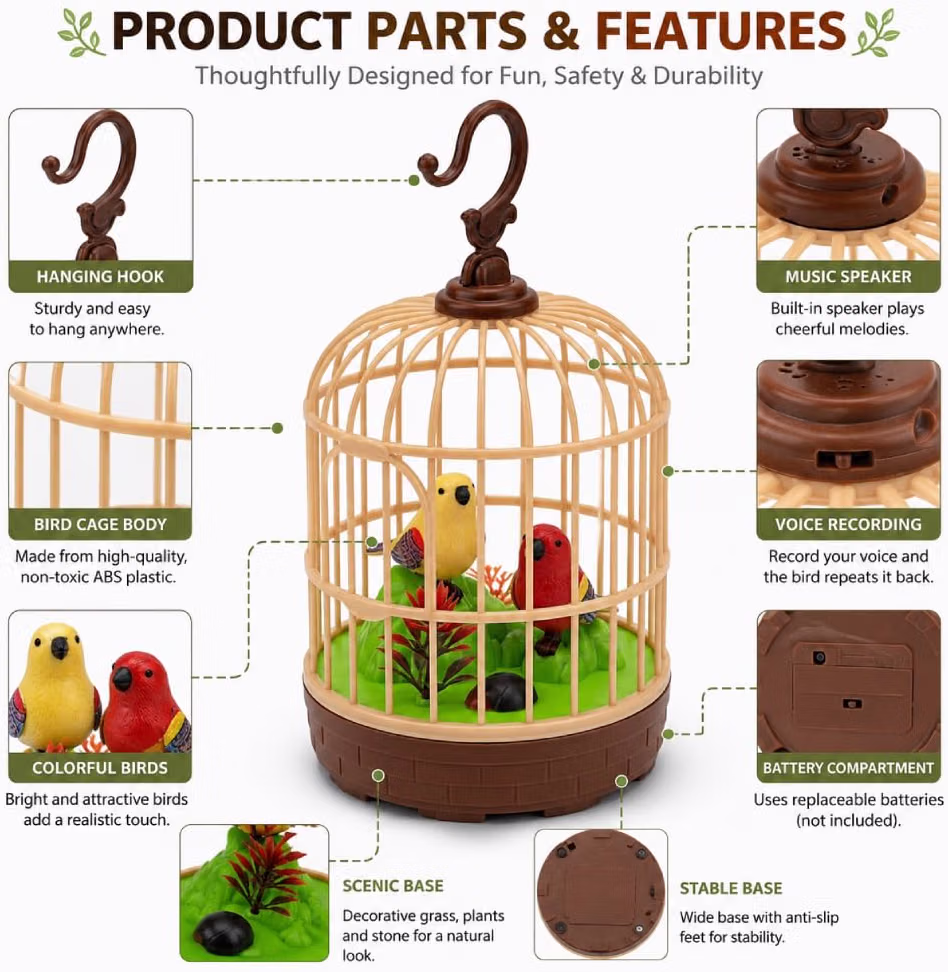 ALVERO Interactive Singing Bird Cage Toy with Voice Recording, Chirping Sounds & Music, Kids, Home & Car Decorative Gift