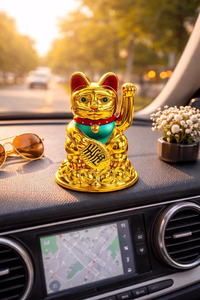 Lucky Maneki Neko Waving Cat Statue, Feng Shui Wealth & Prosperity Cat, Golden Lucky Cat Showpiece for Home, Office & Car Dashboard Decoration
