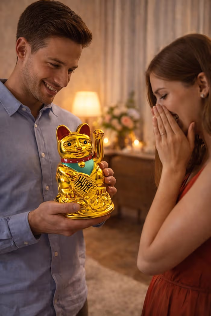 Lucky Maneki Neko Waving Cat Statue, Feng Shui Wealth & Prosperity Cat, Golden Lucky Cat Showpiece for Home, Office & Car Dashboard Decoration
