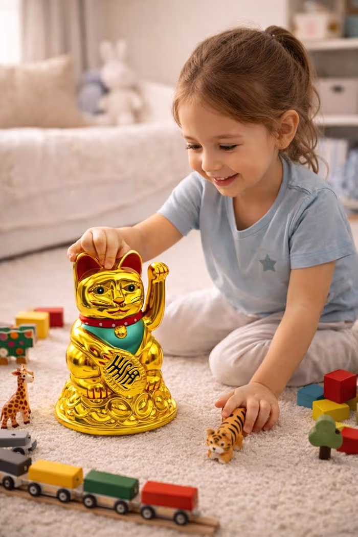 Lucky Maneki Neko Waving Cat Statue, Feng Shui Wealth & Prosperity Cat, Golden Lucky Cat Showpiece for Home, Office & Car Dashboard Decoration