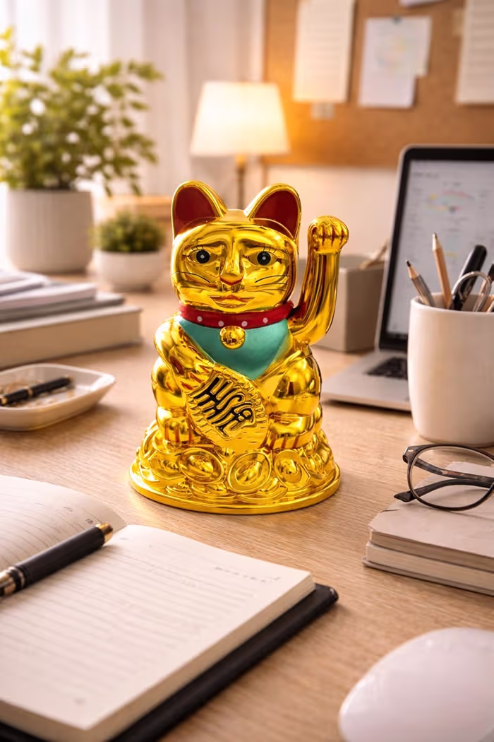Lucky Maneki Neko Waving Cat Statue, Feng Shui Wealth & Prosperity Cat, Golden Lucky Cat Showpiece for Home, Office & Car Dashboard Decoration