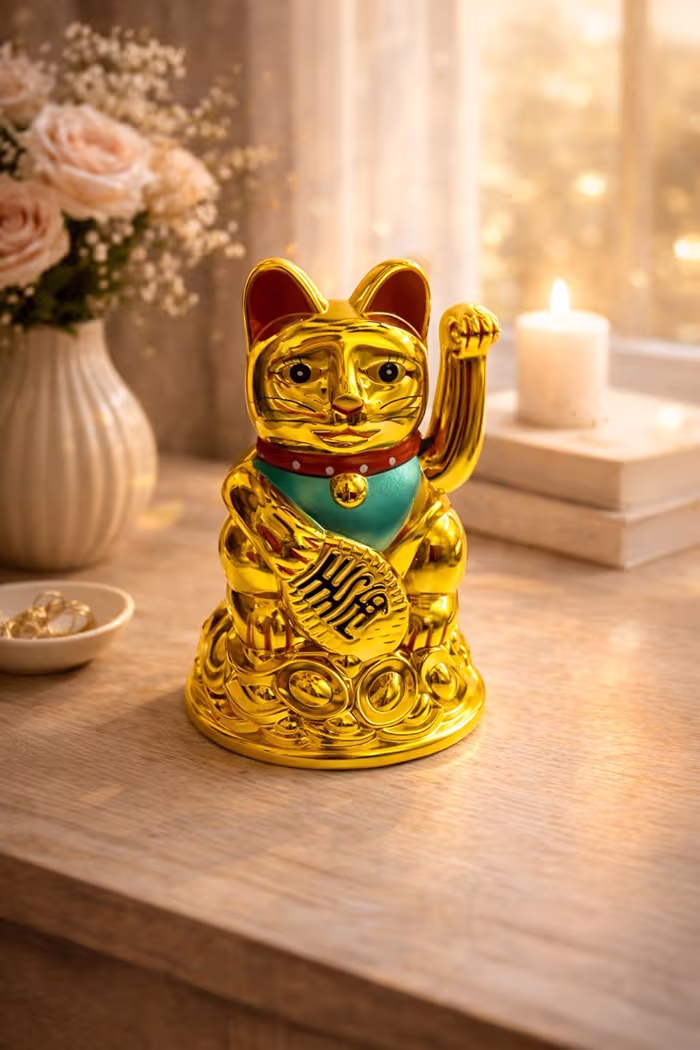 Lucky Maneki Neko Waving Cat Statue, Feng Shui Wealth & Prosperity Cat, Golden Lucky Cat Showpiece for Home, Office & Car Dashboard Decoration
