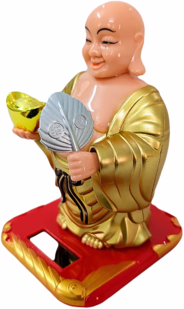 Laughing Buddha Statue for Home Decor Items | Feng Shui Solar Buddha Moving Head Waving Fan Idol 4 inch for Car Dashboard Showpieces Gifts for All