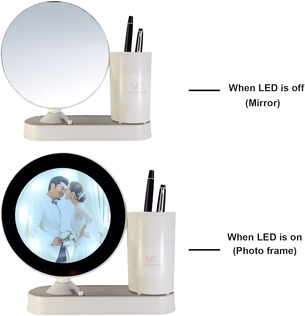 Customized LED Magic Mirror Photo Frame with Flower vase & Pen Stand – Personalized LED Light Picture Frame for Desk, Gifts for Couples, Anniversary, Wedding, Birthday (Warm Whight Round Shape)