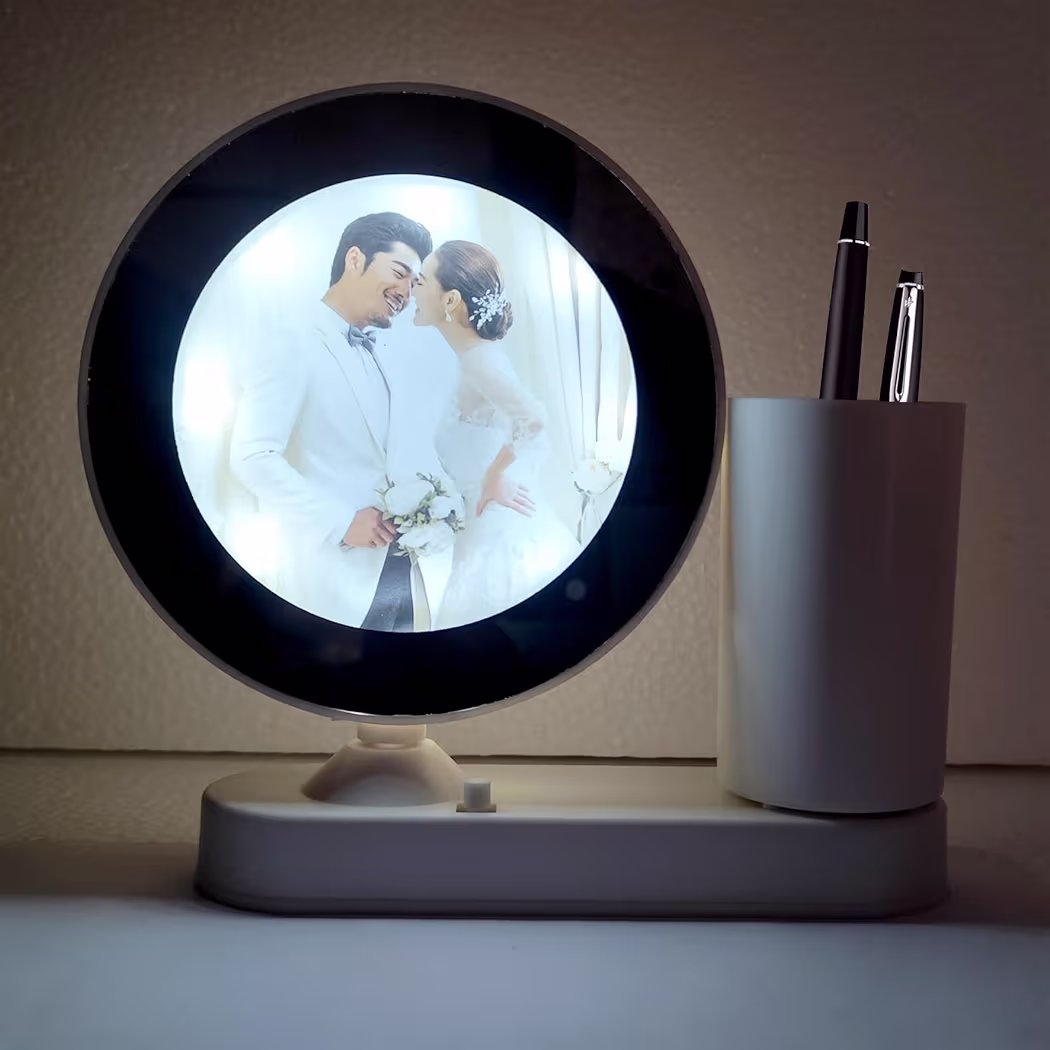 Customized LED Magic Mirror Photo Frame with Flower vase & Pen Stand – Personalized LED Light Picture Frame for Desk, Gifts for Couples, Anniversary, Wedding, Birthday (Warm Whight Round Shape)