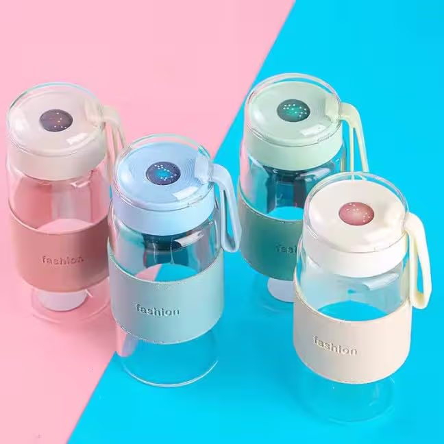 Avaiya Leak-Proof Glass Water Bottle with Silicone Sleeve & Carry Handle | Portable Travel Juice Bottle for Office, Gym & Home | 420ml