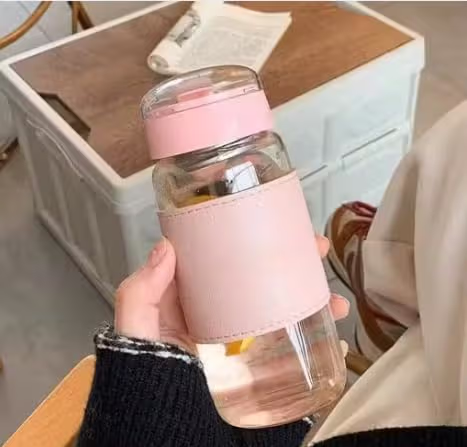 Avaiya Leak-Proof Glass Water Bottle with Silicone Sleeve & Carry Handle | Portable Travel Juice Bottle for Office, Gym & Home | 420ml