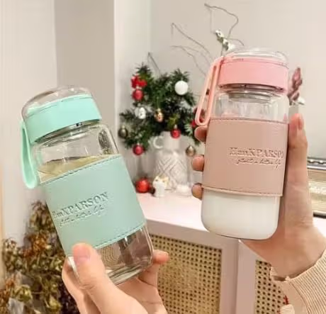 Avaiya Leak-Proof Glass Water Bottle with Silicone Sleeve & Carry Handle | Portable Travel Juice Bottle for Office, Gym & Home | 420ml