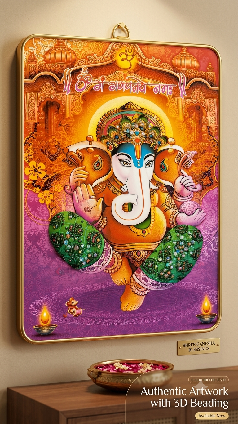 Premium Ganesha Wall Hanging Art Frame (9x12 Inch) with 3D Beading