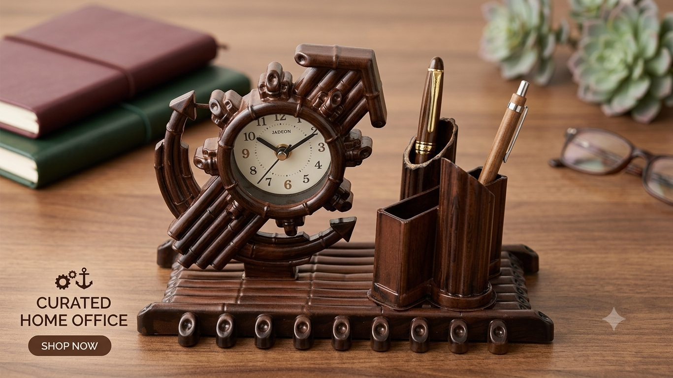 Jadeon Handcrafted Nautical Ship Wheel & Anchor Desk Organizer with Clock (Vintage Wood Look)